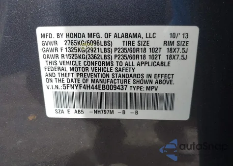 2014 Honda Pilot Ex from USA, damaged, VIN 5FNYF4H44EB009437